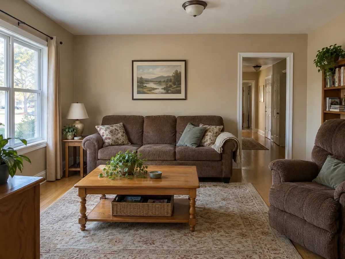 Blue and Grey Living Room with a Navy Sofa — Before