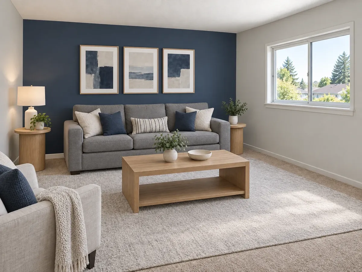Navy Accent Wall in a Neutral Living Room — After