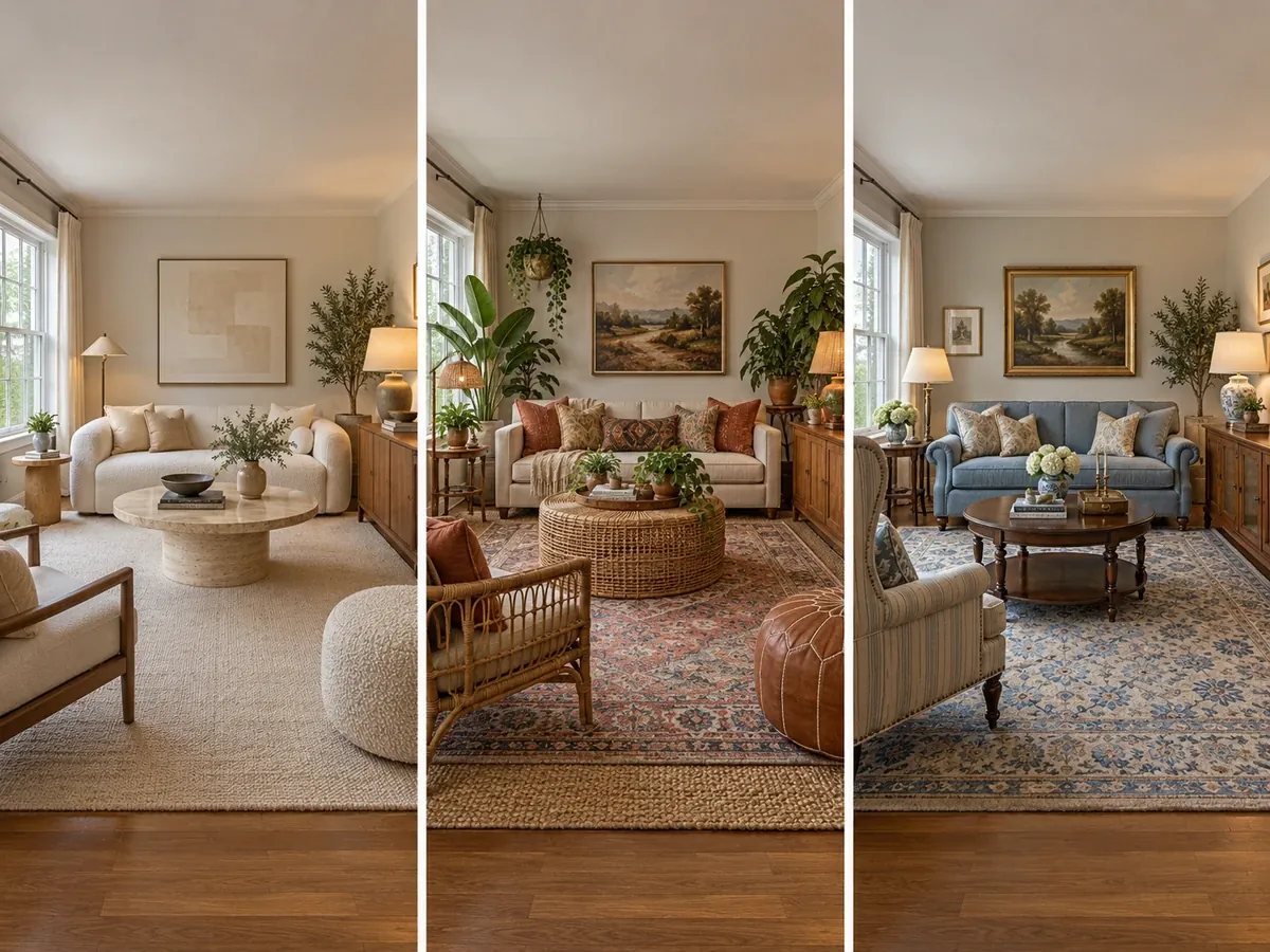Illustrative AI concept: one living room shown in three styles
