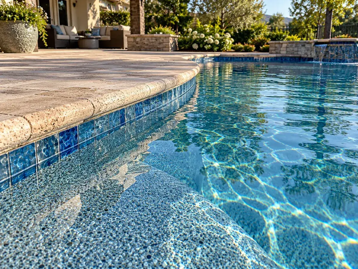 Illustrative AI concept: a remodeled pool edge with a pebble finish, blue waterline tile and stone coping
