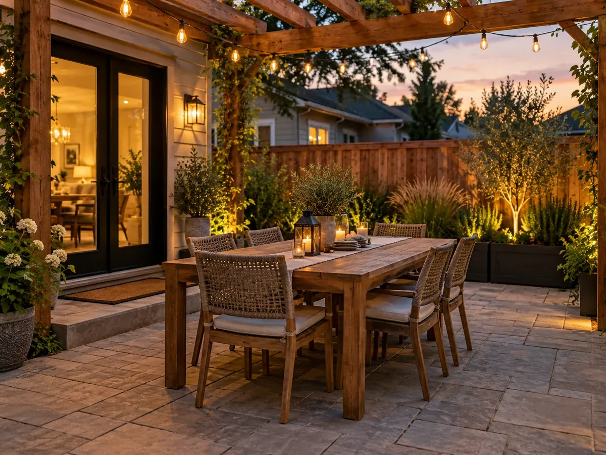 Illustrative AI concept: a paver patio with a dining table for six under a timber pergola and string lights
