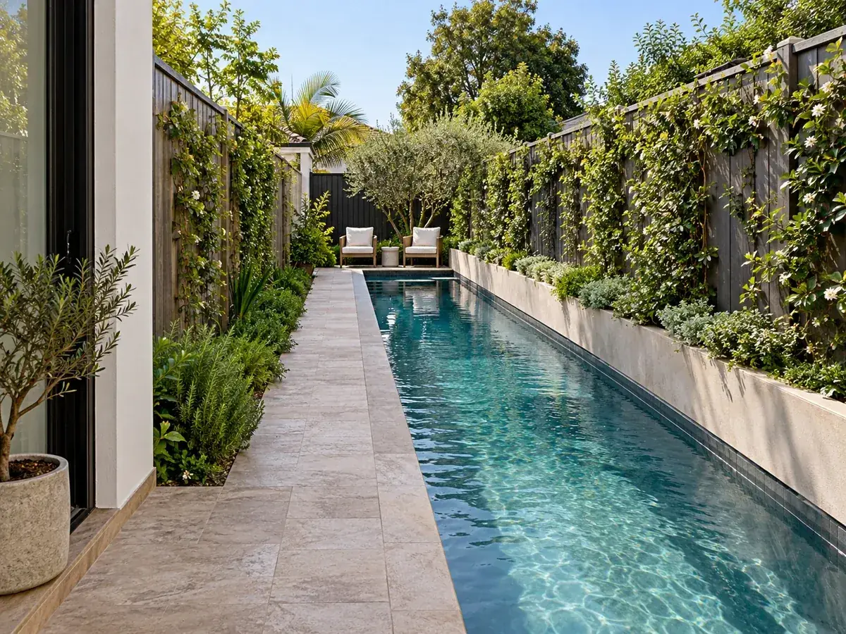Illustrative AI concept: a long narrow backyard with a slim lap pool along one fence and a small lounge at the far end