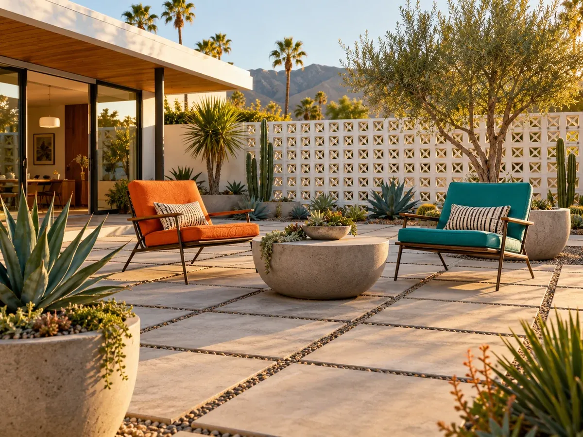 Illustrative AI concept: a mid-century modern patio with geometric concrete pavers, a breeze-block screen and retro lounge chairs