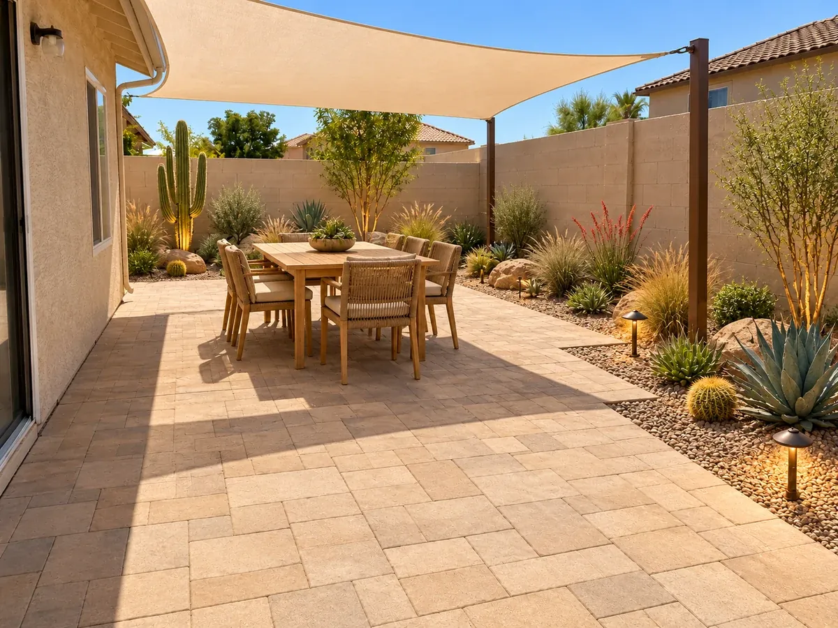 Desert Oasis Patio with a Shade Sail — After