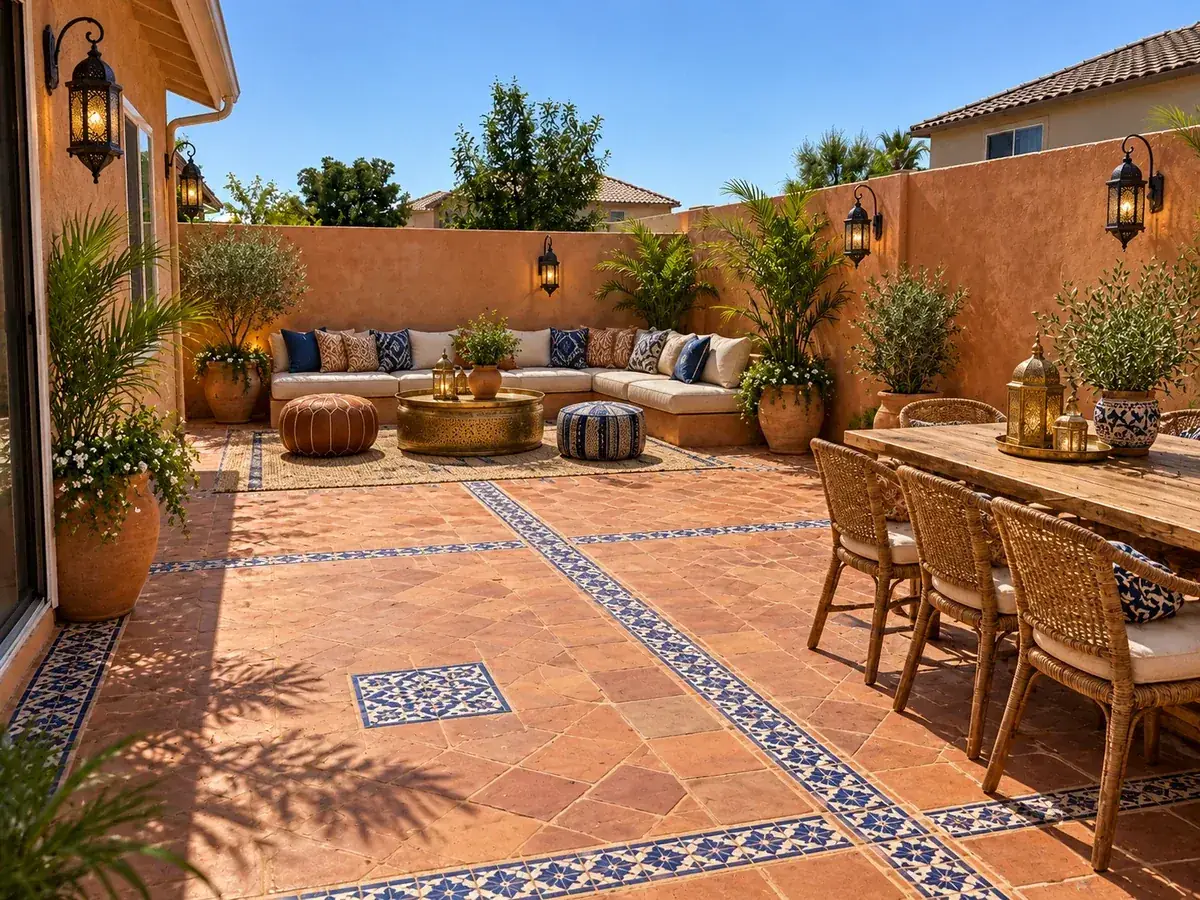 Moroccan Patio with Lanterns and Tile — After