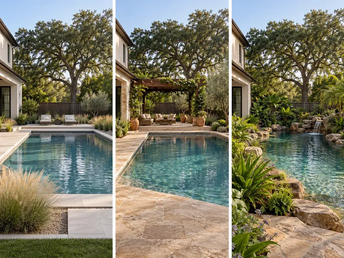 Illustrative AI concept: one backyard pool shown in Modern Geometric, Mediterranean and Natural Lagoon styles
