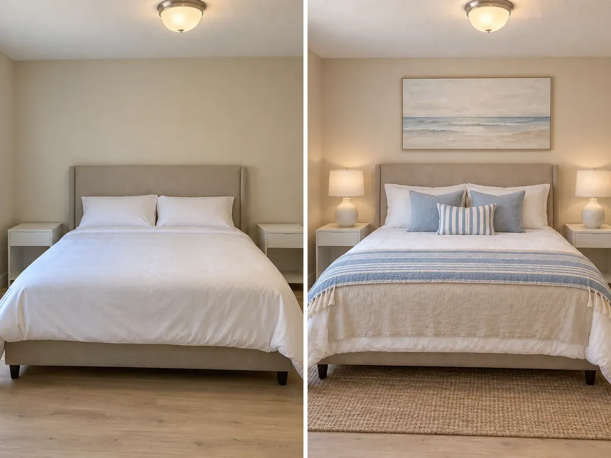 Illustrative AI concept: the same bedroom before and after, with the bed and nightstands in place and new bedding, art, lamps and a jute rug