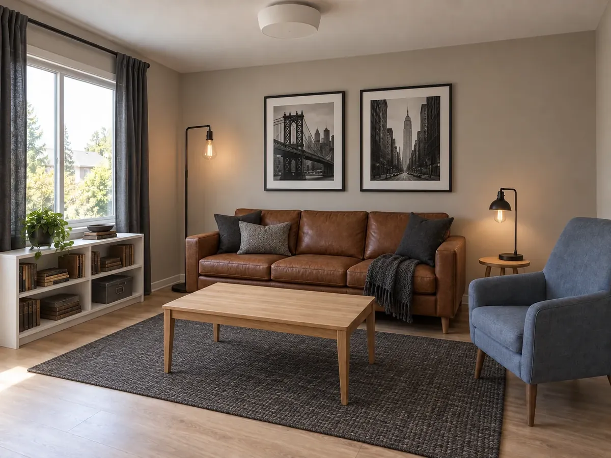 Illustrative AI concept: a living room decorated in the Industrial style with black metal lamps, leather-look upholstery and dark textiles, the walls unchanged