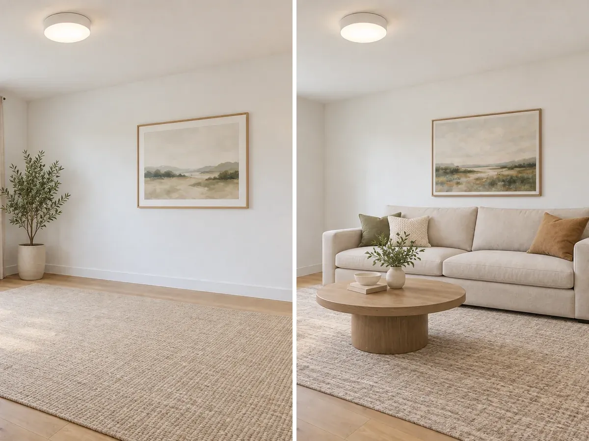 Illustrative AI concept: an empty room with only decor added, beside the same room virtually staged with a sofa and coffee table