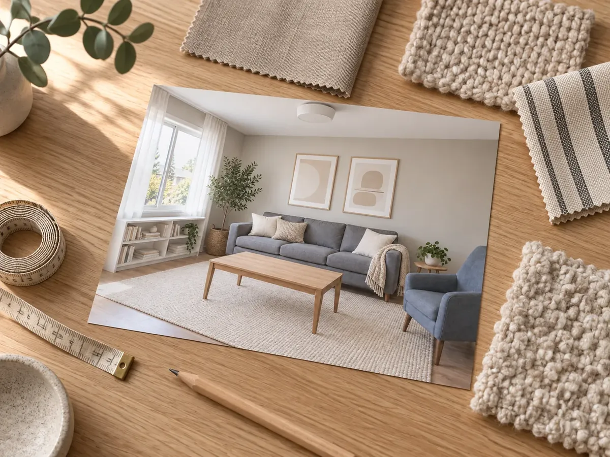 Illustrative AI concept: a printed room concept on a table beside fabric swatches, a tape measure and a pencil