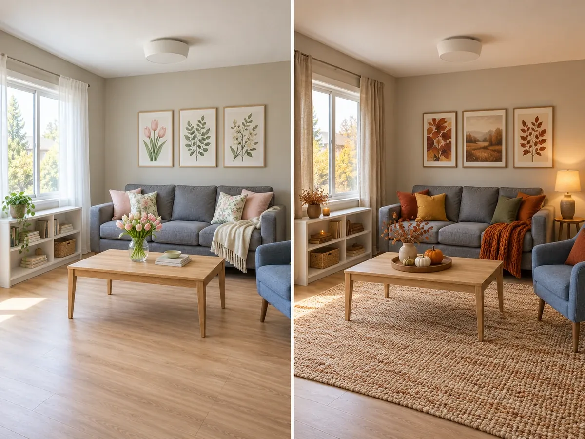 Illustrative AI concept: the same living room dressed for spring and for fall, with the sofa and coffee table in place