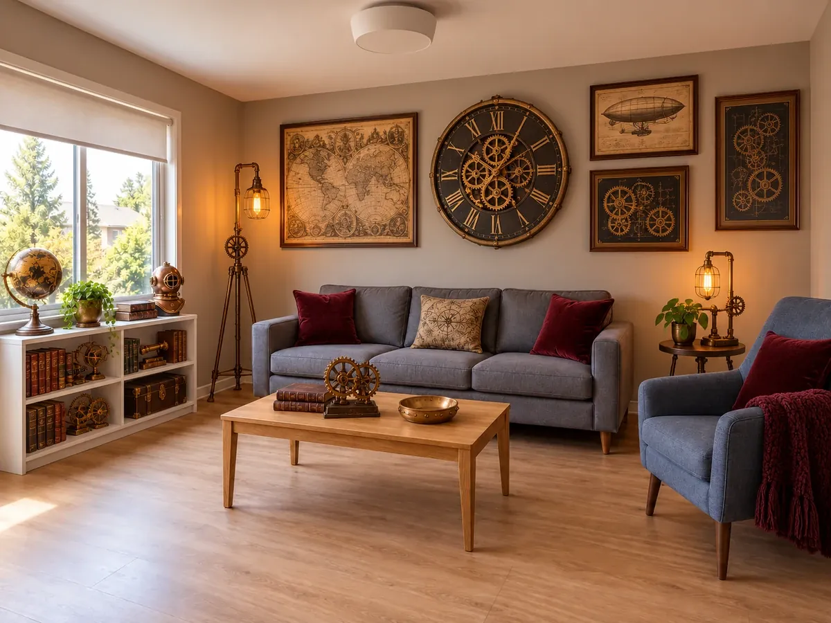 Illustrative AI concept: a living room with steampunk accessories, brass lamps, a vintage clock, maps and leather-bound books around the existing sofa