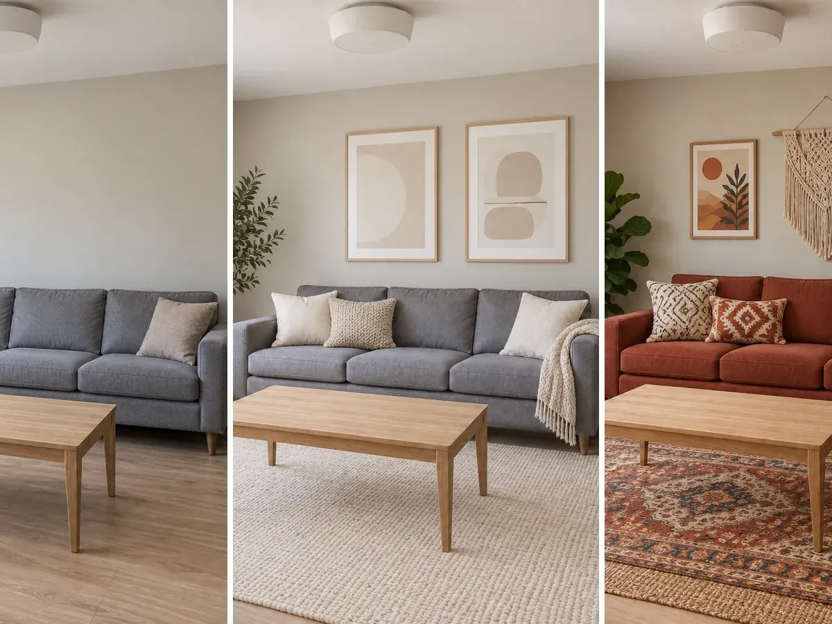 Illustrative AI concept: one living room as photographed and redecorated in two styles, with the furniture in the same places