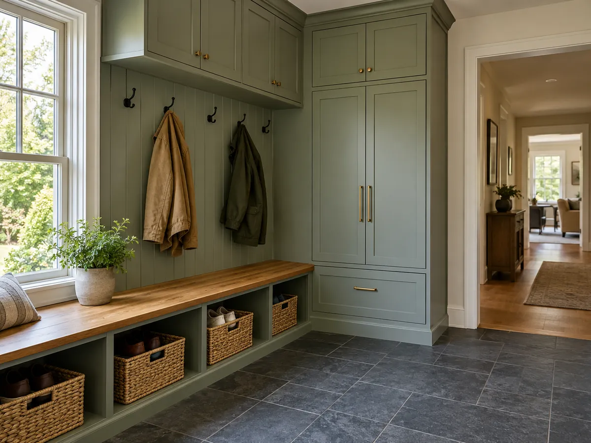 Illustrative AI concept: organized American mudroom with wood bench, hooks and closed storage