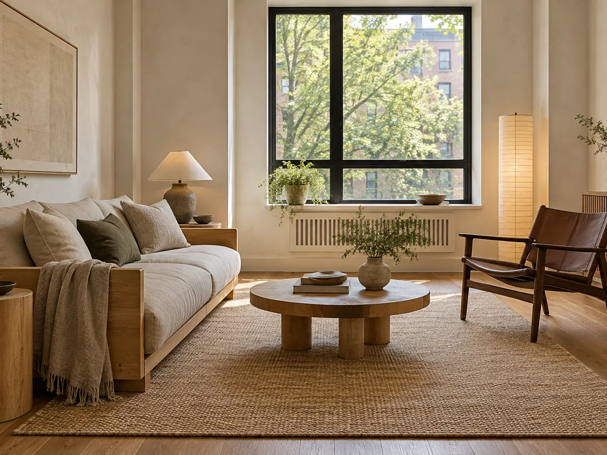 Illustrative AI concept: warm oak living room with linen seating, ceramic lamp and natural daylight