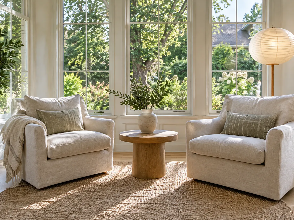 Illustrative AI concept: bright sunroom reading corner with two linen chairs and a small table