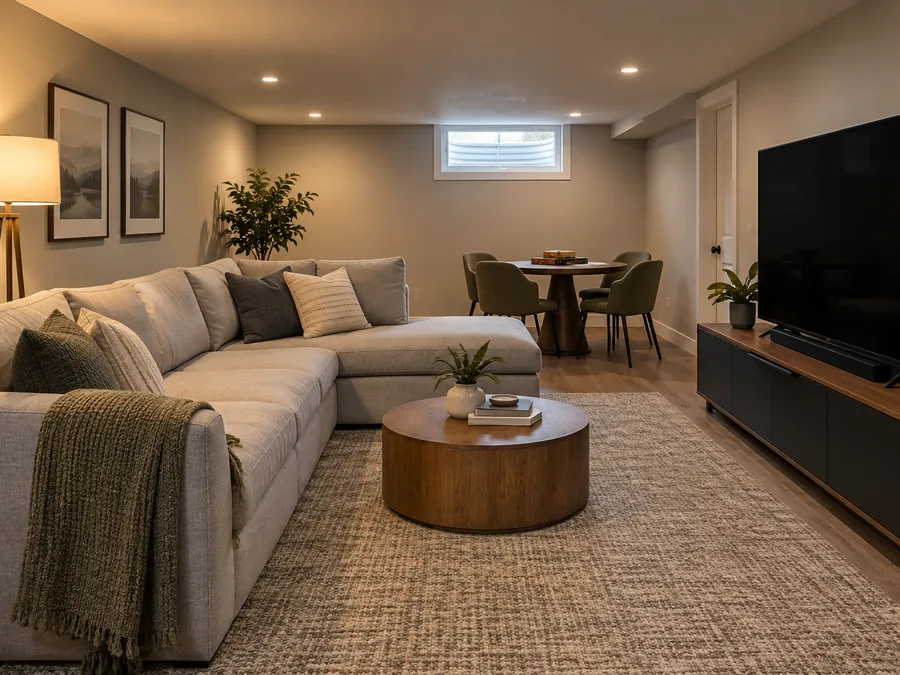 Illustrative AI concept: Movie and Game Room with comfortable sectional, media console and small game table.