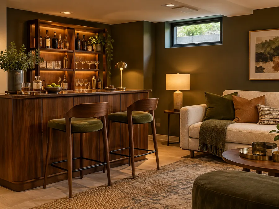 Illustrative AI concept: Home Bar Corner with freestanding walnut bar cabinet, two stools and compact lounge seating.