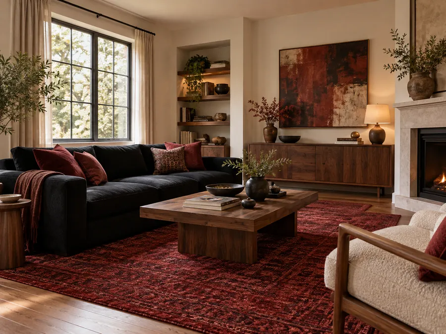 Illustrative AI concept: Red and Black Lounge with black sofa, deep red rug and cushions, pale walls and warm wood.
