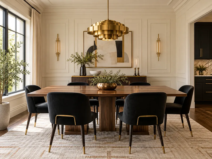 Illustrative AI concept: Gold and Black Dining with black dining chairs, warm wood table, brass pendant and cream walls.