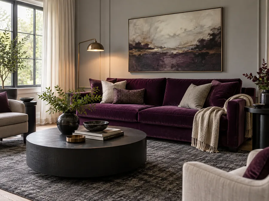 Illustrative AI concept: Black and Purple Lounge with plum purple sofa, black side tables, charcoal rug and pale gray walls.