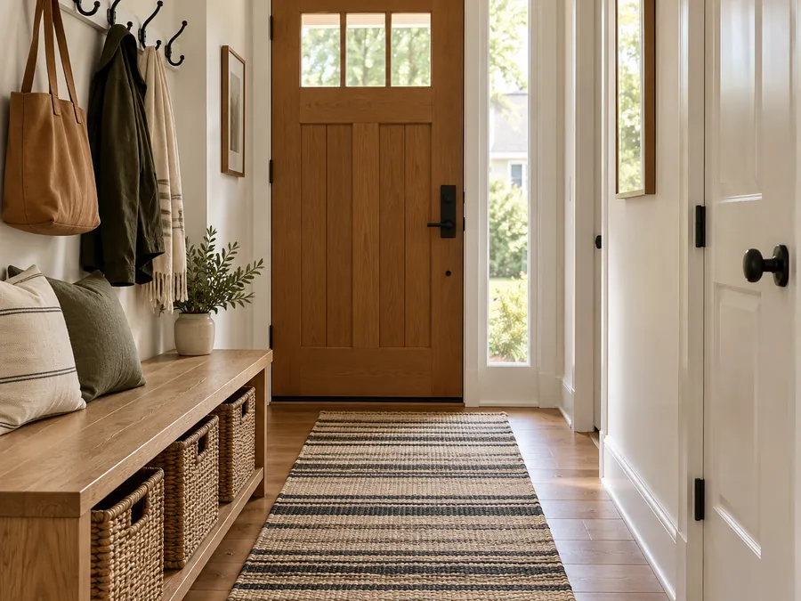 Illustrative AI concept: Bench and Hooks with wood bench, wall hooks, woven baskets and durable runner by the existing door.