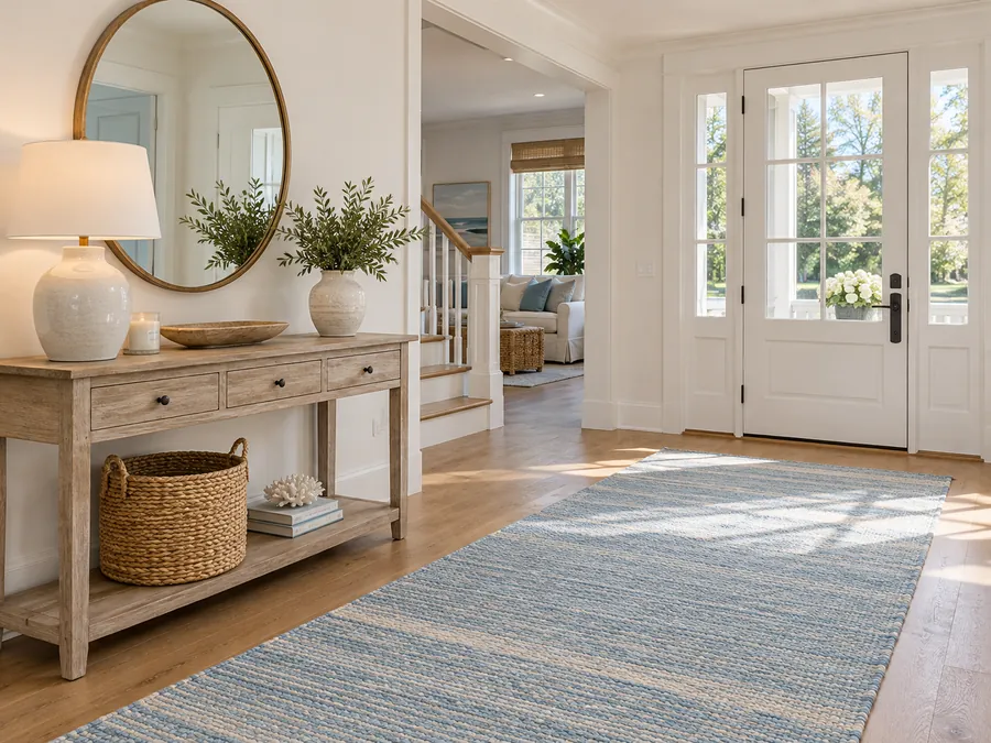 Illustrative AI concept: Coastal Foyer with washed wood console, round mirror, pale blue runner and warm white walls.