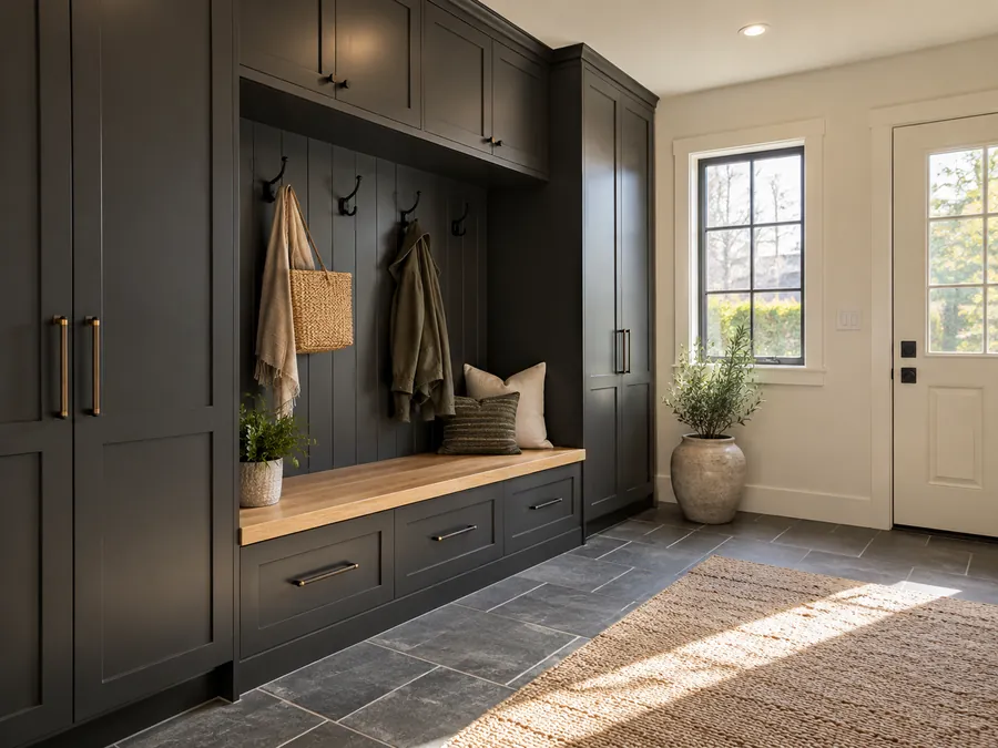 Illustrative AI concept: Dark Mudroom Storage with charcoal closed storage, oak bench, hooks and slate-look flooring.