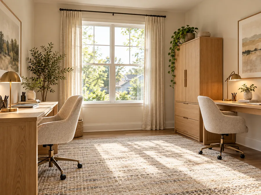 Illustrative AI concept: Oak Office for Two with two slim oak desks, closed storage, linen curtains and warm task lamps.