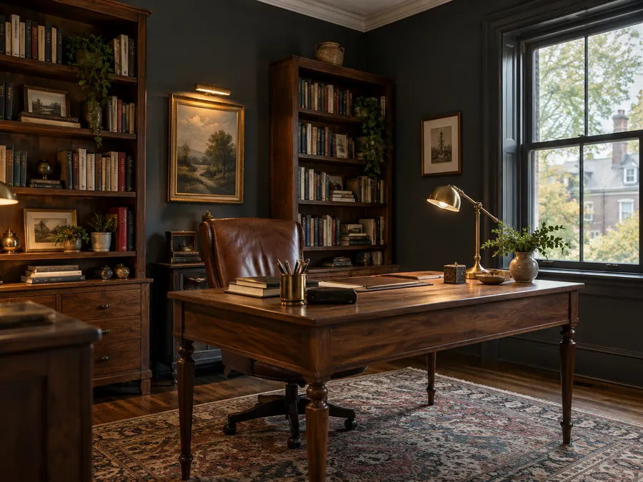Illustrative AI concept: Moody Library Office with charcoal wall paint, walnut desk, freestanding bookcases, leather chair and warm task lamps.