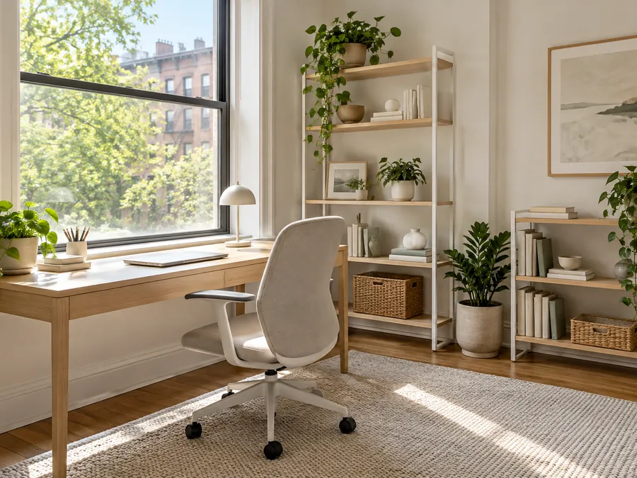 Illustrative AI concept: Scandinavian Window Desk with pale wood desk near the existing window, wool rug and simple freestanding shelving.