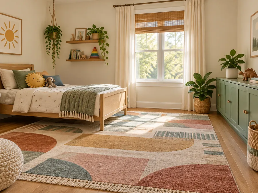 Illustrative AI concept: Playful Storage Room with low oak bed, closed toy storage, colorful rug and open play area.