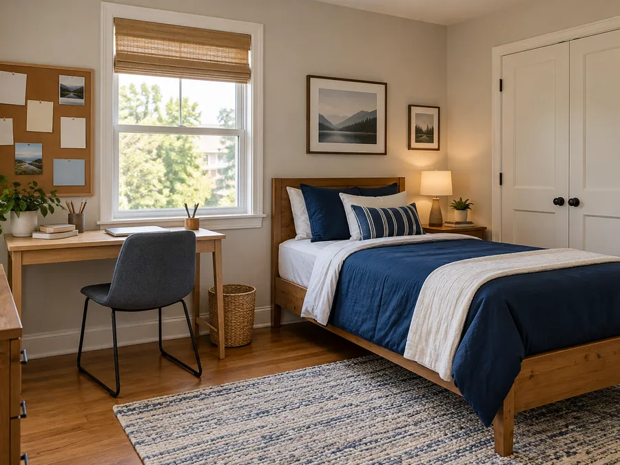 Illustrative AI concept: Teen Study Retreat with compact desk, cork pinboard, navy textiles and closed storage.