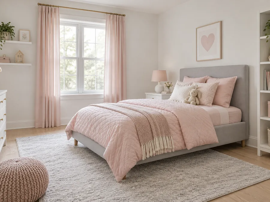 Illustrative AI concept: Pink and Gray Room Designs with blush pink bedding, pale gray upholstered bed, white walls and slim shelves.