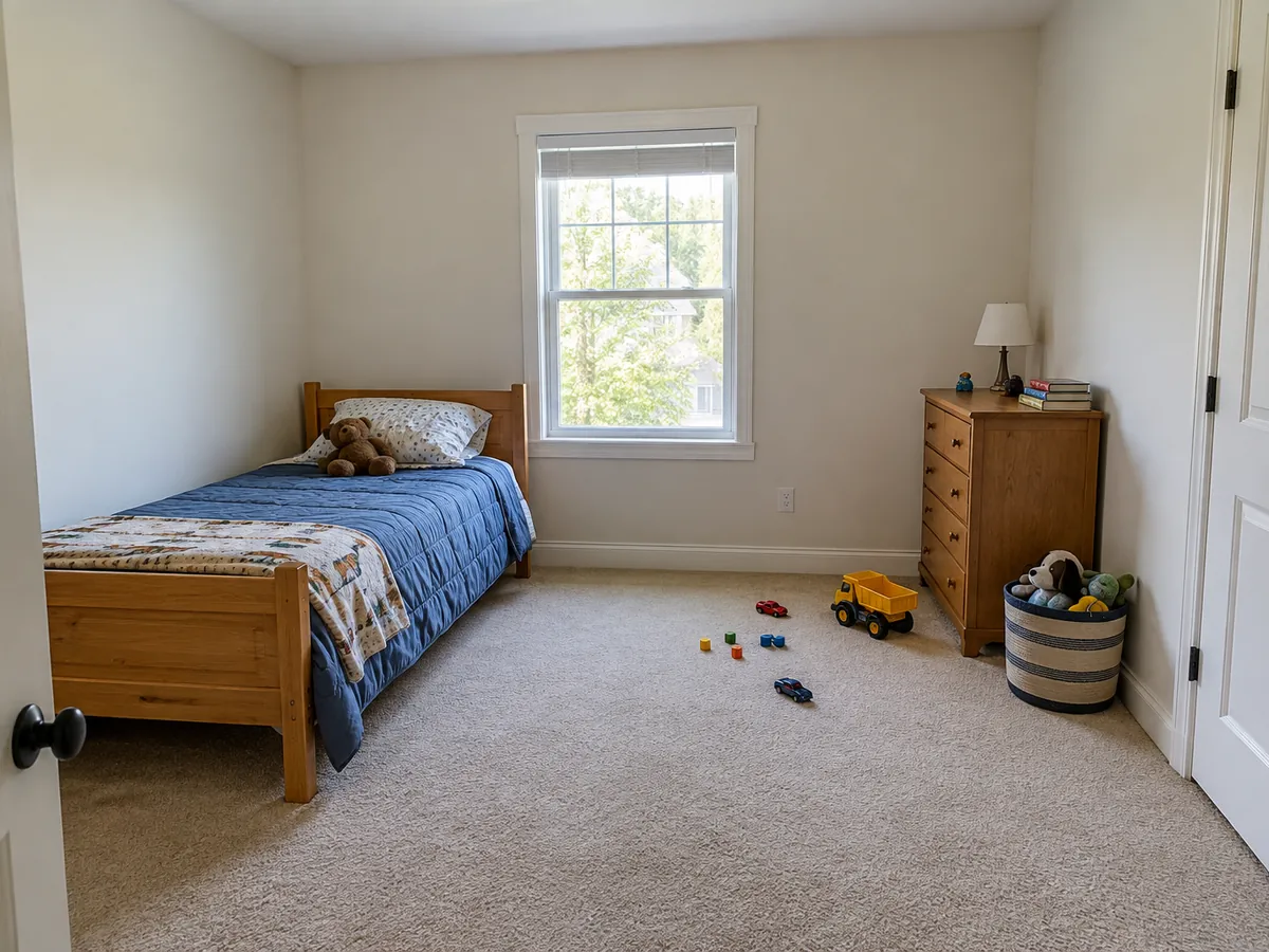Illustrative AI concept: bare kids room to colorful bedroom with storage — Before