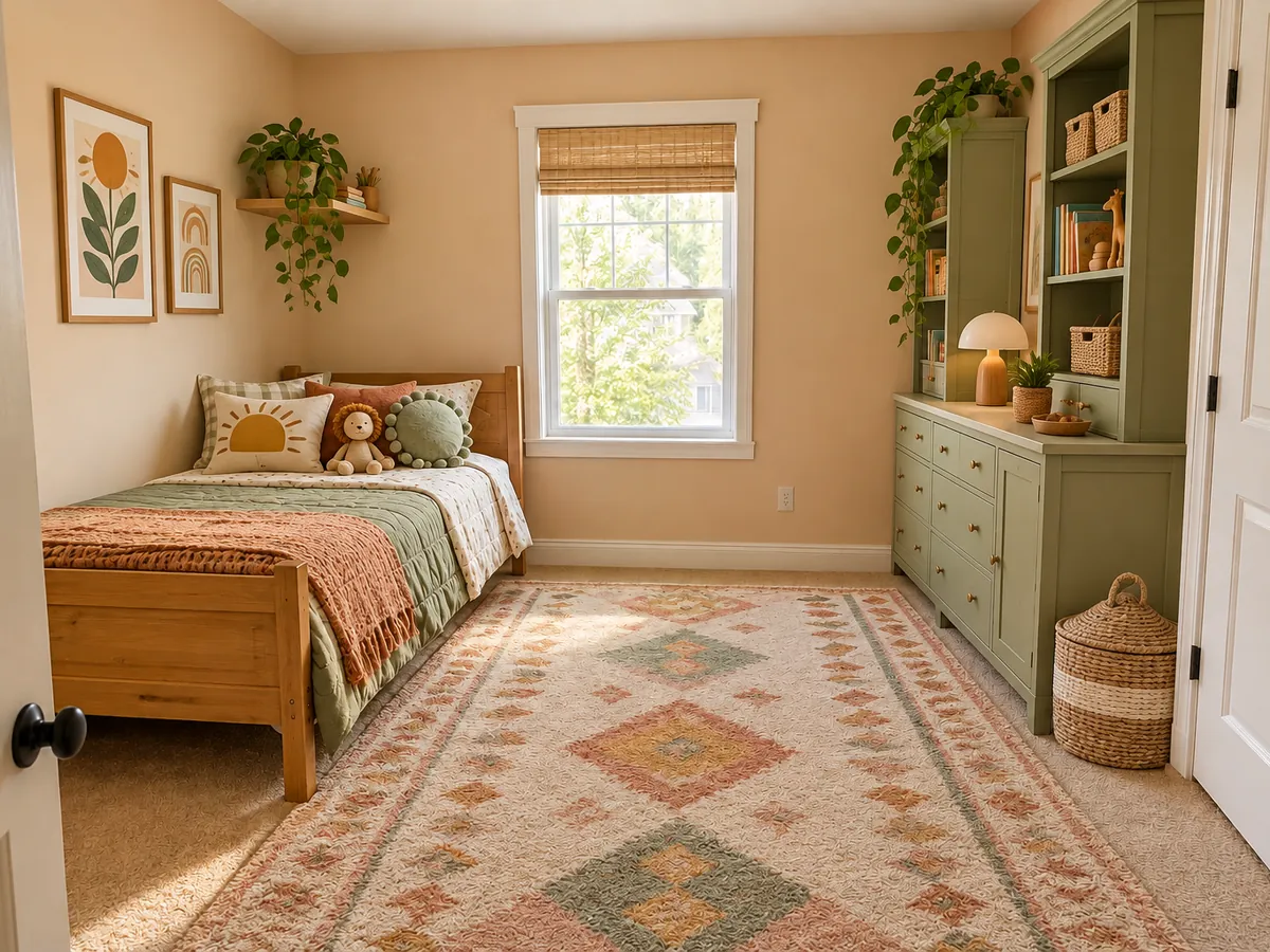 Illustrative AI concept: bare kids room to colorful bedroom with storage — After