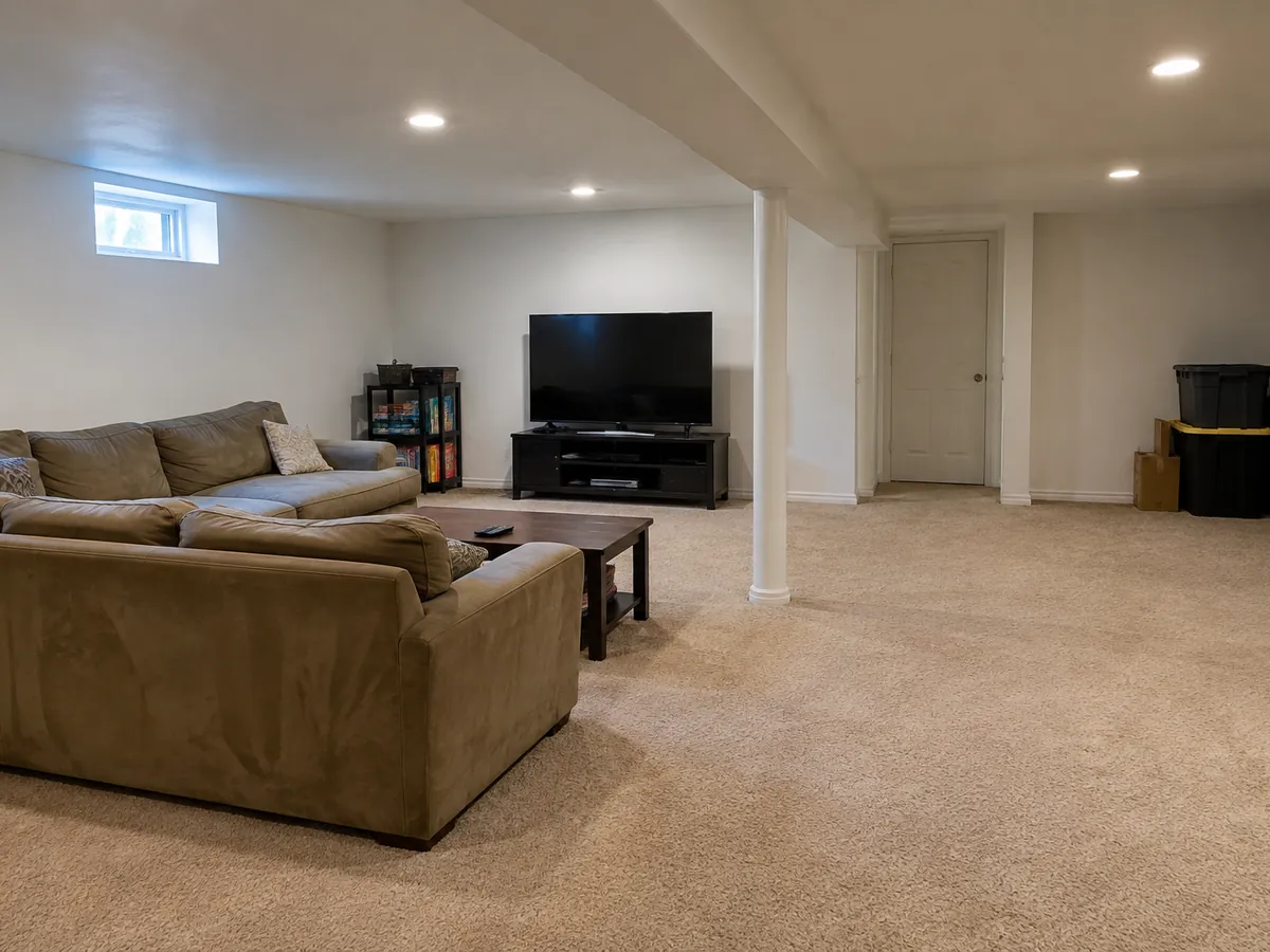 Illustrative AI concept: plain basement to movie and game room — Before
