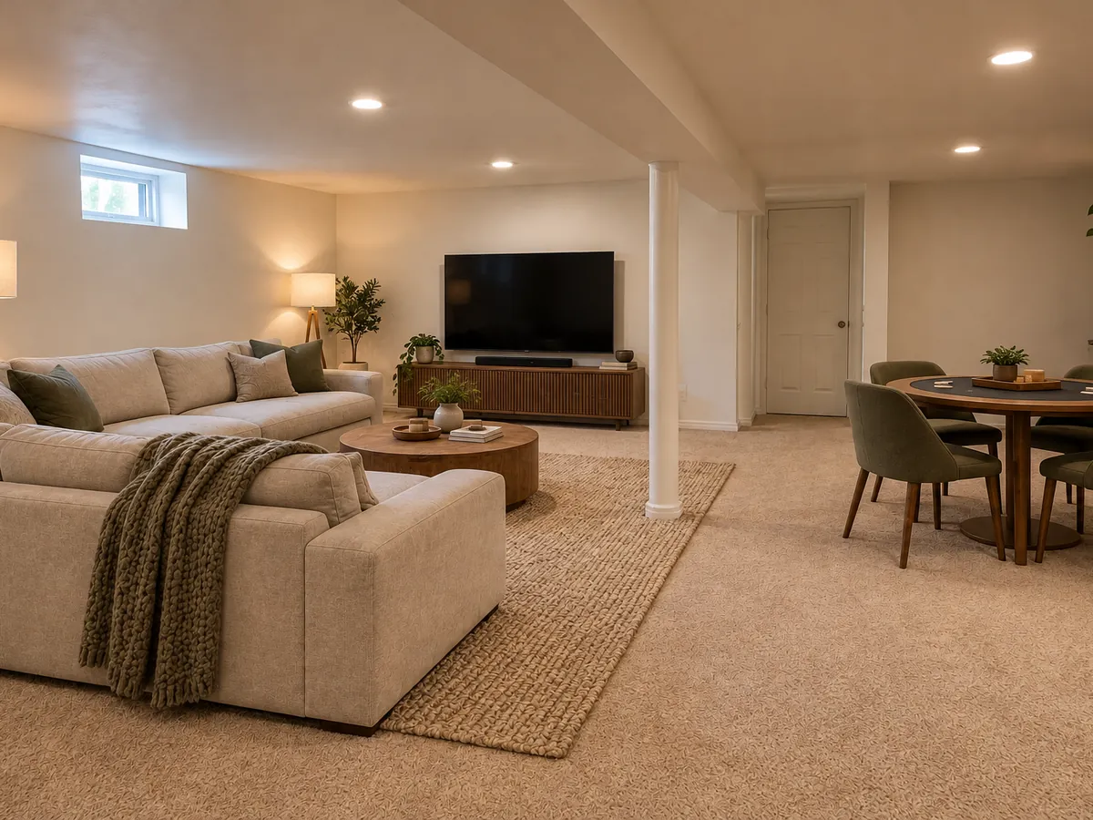 Illustrative AI concept: plain basement to movie and game room — After