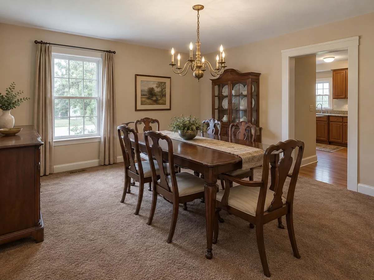 Illustrative AI concept: dated dining room to warm transitional room — Before