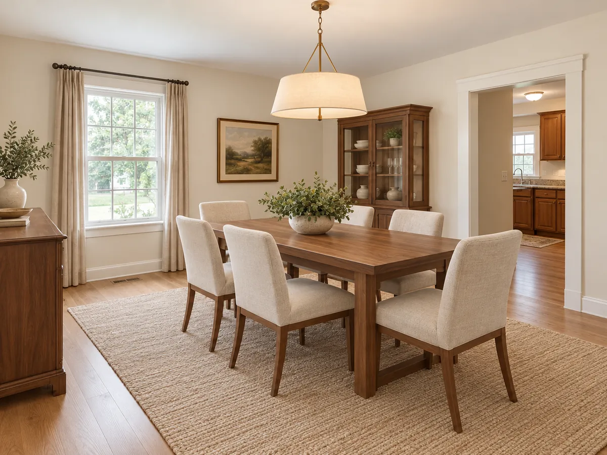 Illustrative AI concept: dated dining room to warm transitional room — After
