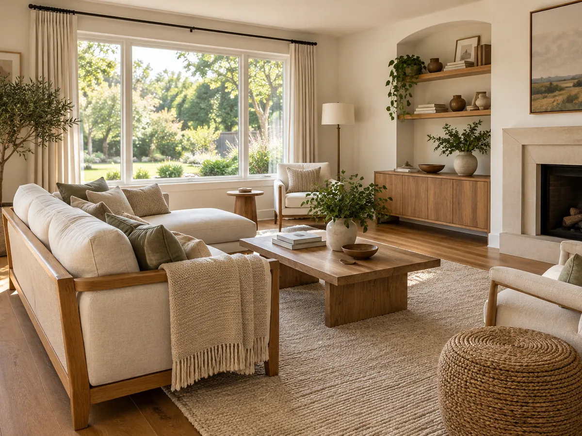 Illustrative AI concept: sunlit flexible living room with oak furniture, pale walls and realistic window light