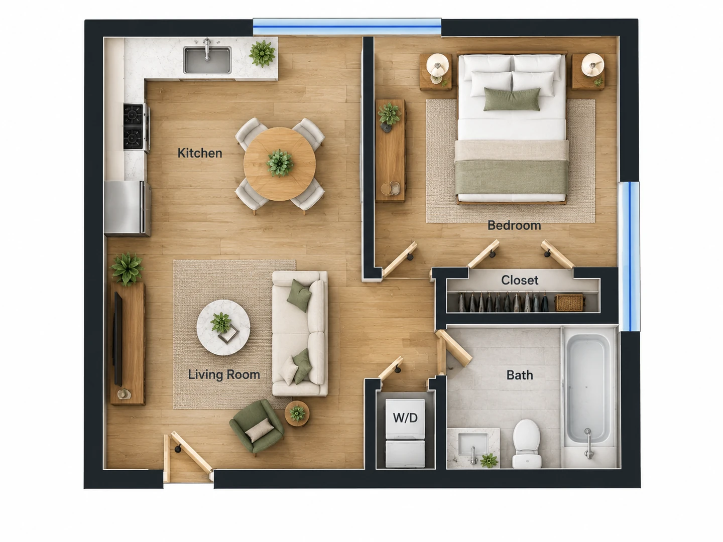 700 sq ft one-bedroom, furnished from an empty shell with the entry and windows fixed — After