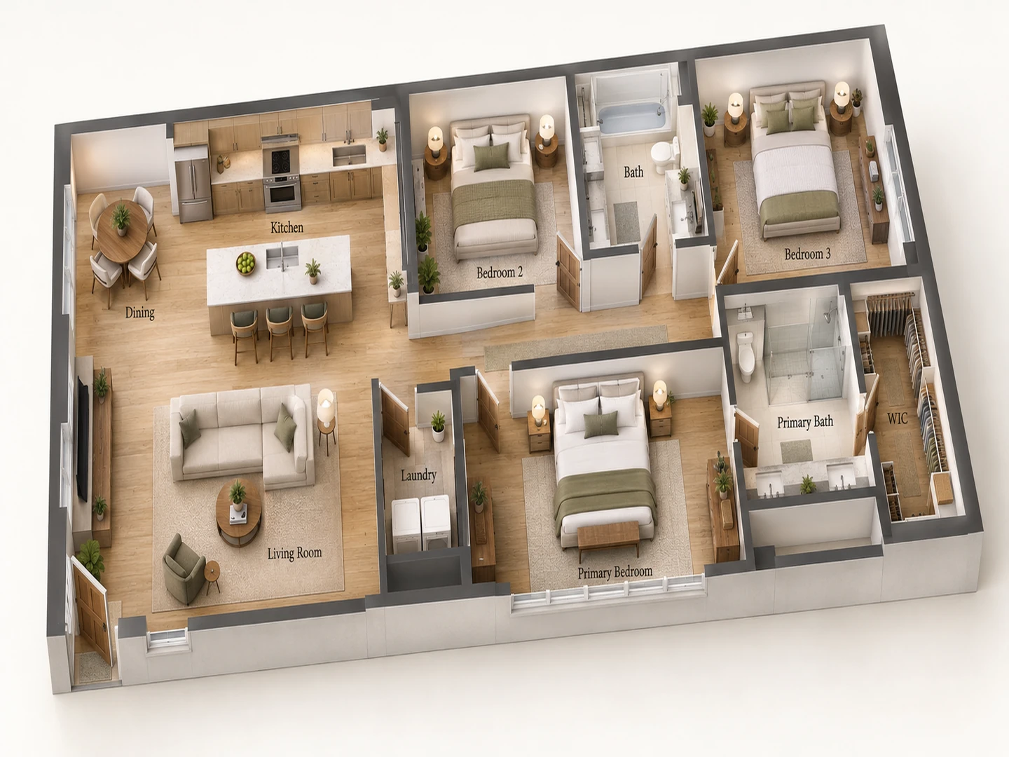 1,250 sq ft three-bedroom apartment floor plan in 3D — After
