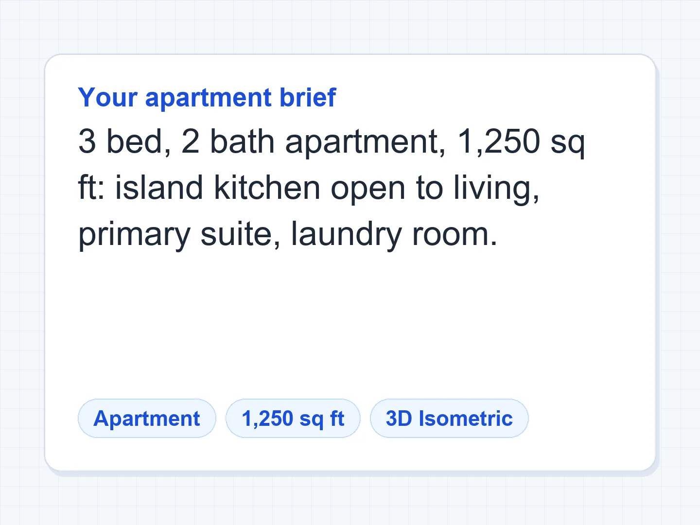 1,250 sq ft three-bedroom apartment floor plan in 3D — Before
