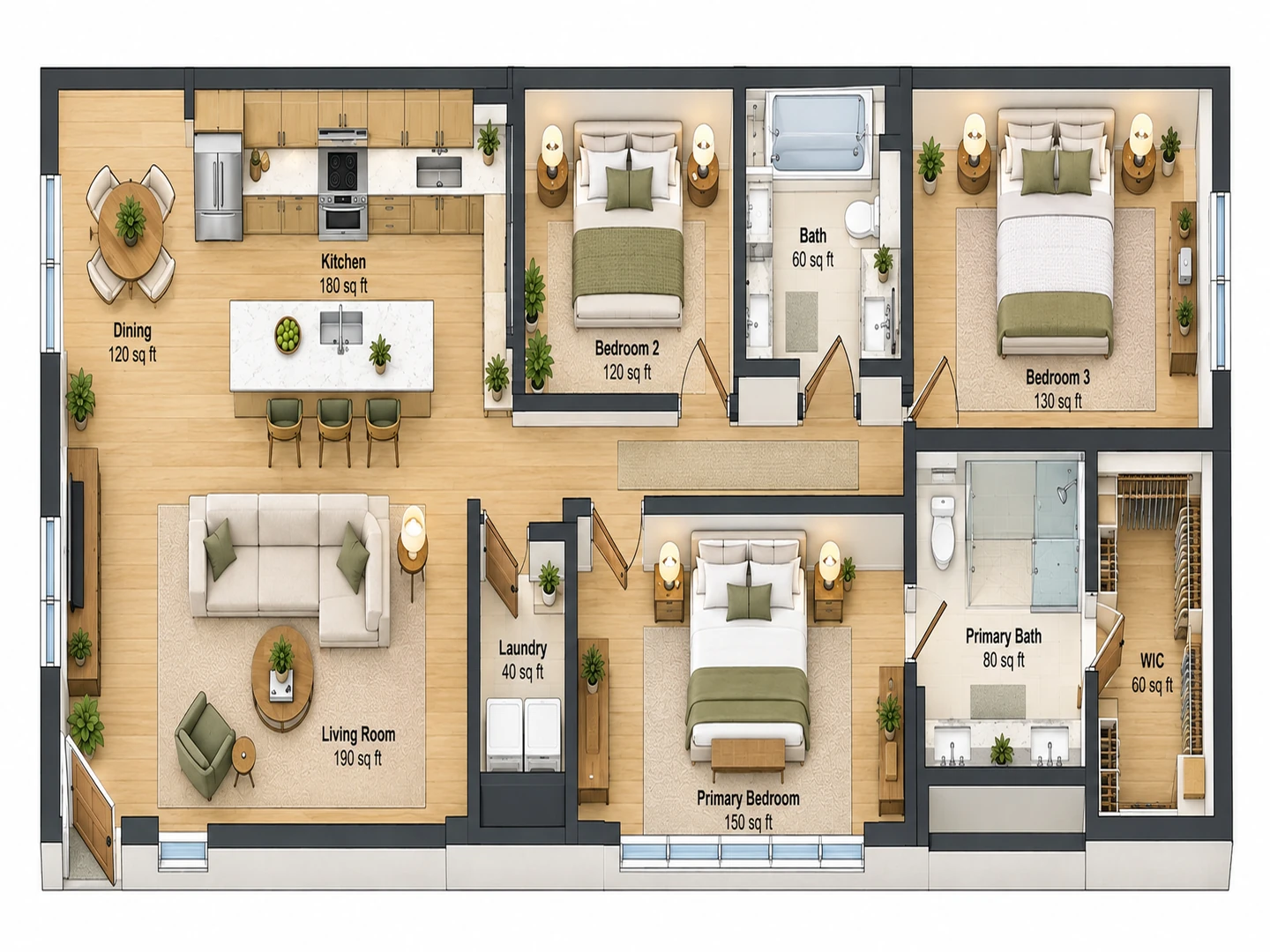 Three-bedroom apartment floor layout with a primary suite, two bedrooms off the hall and an open kitchen