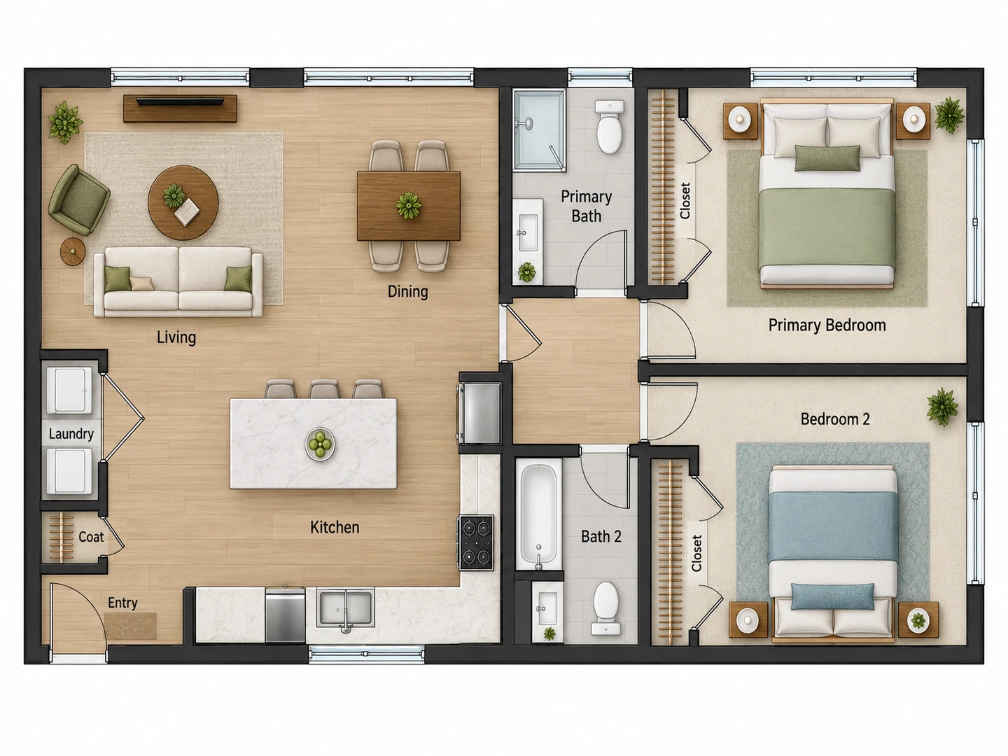 Two-bedroom, two-bath condo floor plan with an L-shaped kitchen, an island and side-by-side bedrooms