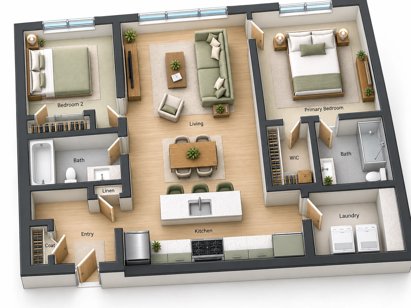 3D floor plan of a two-bedroom apartment with split bedrooms, a furnished living room and a kitchen island