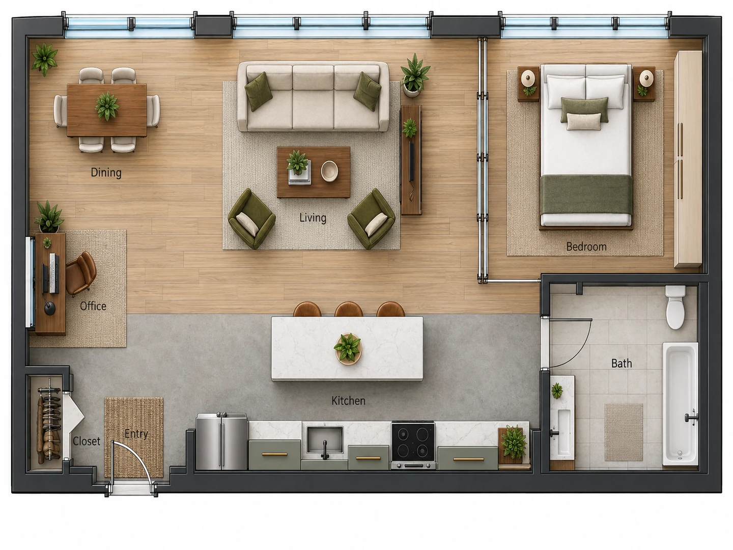 Open loft apartment floor plan with a sleeping area behind sliding panels, a kitchen island and a home office nook