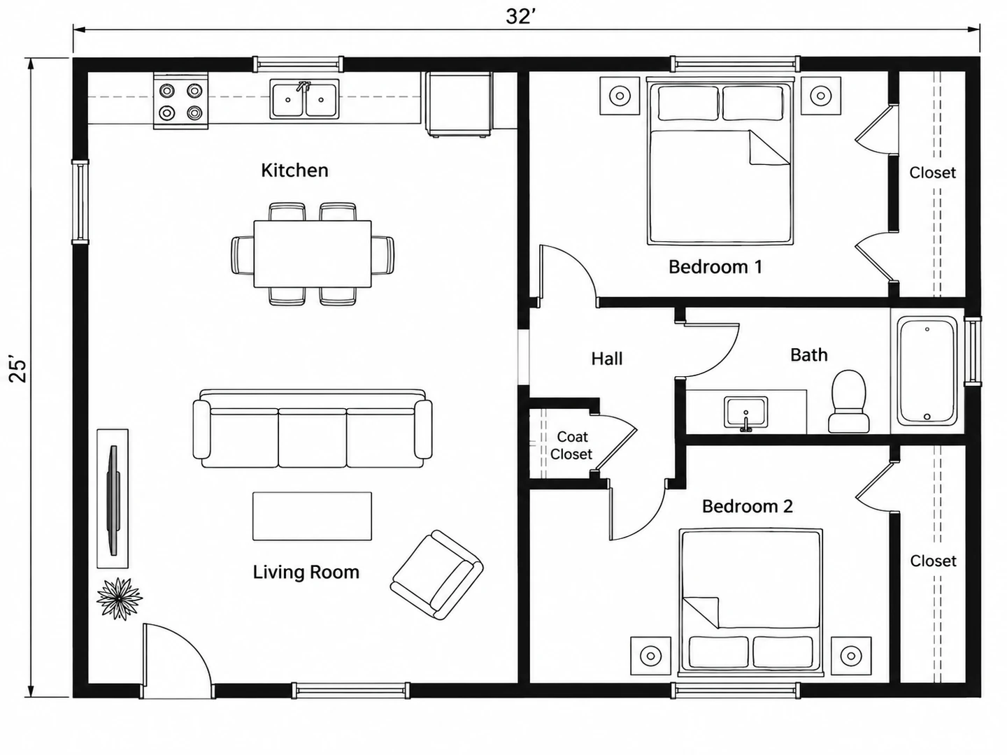 Two-bedroom, one-bath apartment floor plan with side-by-side bedrooms sharing a hall bath