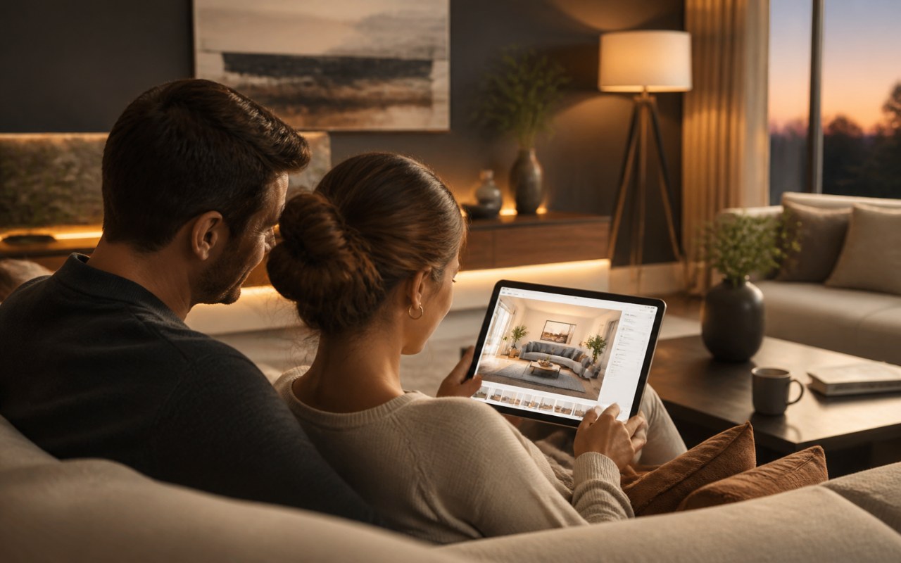 Un couple installé sur un canapé regarde un aperçu de salon sur une tablette
